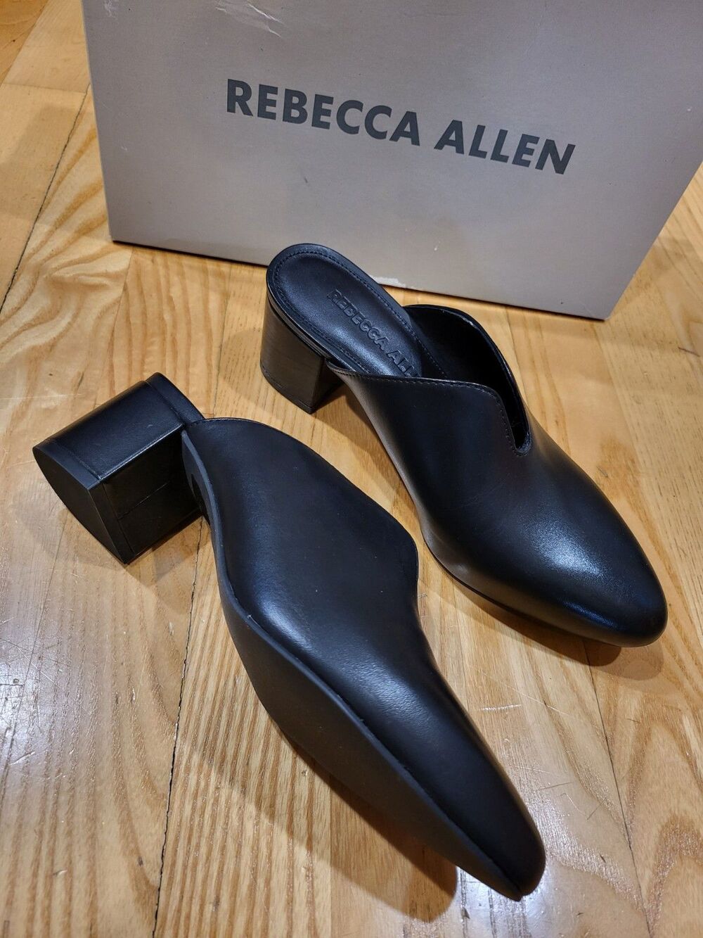 Rebecca Allen Block Mule Heeled Sandal Black Size 6 Leather 2” Heel New